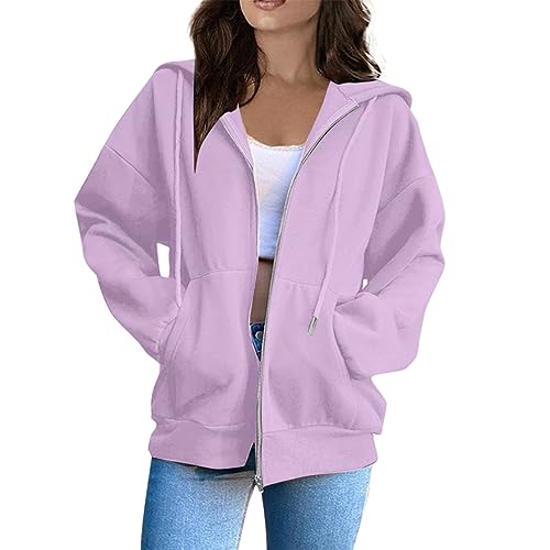 Fleecejacke Damen Mit Kapuze,Damen Laufjacke Sportjacke Trainingsjacke Langarm Fitness Yoga Jacke Leicht Atmungsaktive Full Zip Sweatjacke mit Taschen Daumenloch,Zip Hoodie Herren Y2K,Helles Lila,S von Generic