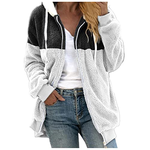Fleecejacke Damen Mit Kapuze Outdoor,Übergangsjacke Zweifarbig Plüschjacke Hooded Sweatshitjacke Flauschiger Teddyjacke Langarm Winddicht Outdoorjacke Oversize Kapuzenjacke Mit Kordelzug von Generic