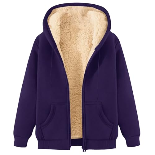 Fleecejacke Damen Mit Kapuze Warm Fleece Jacke Winterjacke Kapuzenpullover Kuscheljacke Flauschig Winter Dicke Outdoor Plüschjacke Kuschelig Sweatjacke mit ReißVerschluss 24 Lila XL von Generic