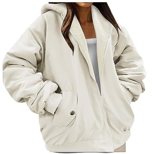 Fleecejacke Damen Winterjacke Damen Teddy Fleece Mantel Warm Gefüttert Winter Kapuzenpullover Plüschjacke Hoodie Jacke Cardigan Kapuzenjacke mit Taschen (Beige-1, S) von Generic