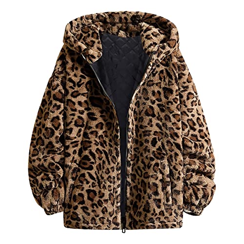 Fleecejacke Damen Winterjacke Warm Doppelschneidiger mit Kapuze Elegant Leopardenmuster Übergangsjacke Große Größen Kapuzenpullover mit Taschen Lässige Wintermantel mit ReißVerschluss Plüschjacke von Generic
