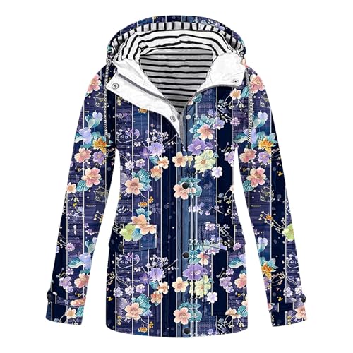 𝐅𝗹eecejacke Damen Xxl Bedruckte Regenjacke für Damen, mit Reißverschluss, lässige Hoodies, leichte Windjacke, langärmeliger Mantel, Reisejacke Zipper Hoodie (Dark Blue, XXXL) von Generic