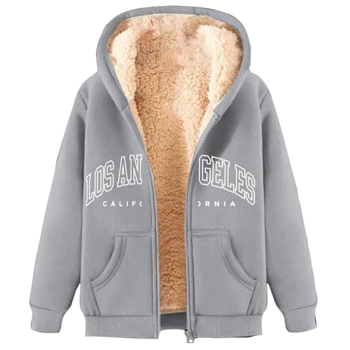 Fleecejacke Damen mit Kapuze Outdoor Warme Winterjacke mit Teddyfutter Elegant Los Angeles Zipper Hoodie Große Größen Lockere Übergangsjacke Lässige Bequeme Plüschjacke Wintermantel von Generic
