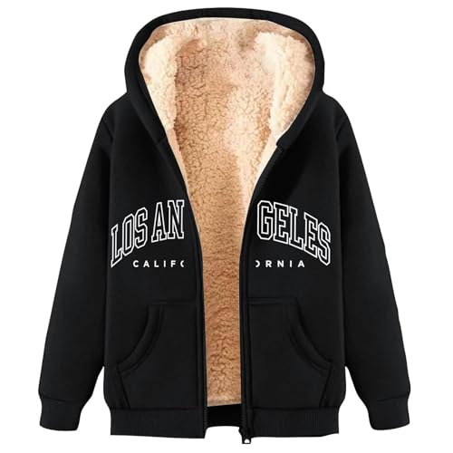Fleecejacke Damen mit Kapuze Outdoor Warme Winterjacke mit Teddyfutter Elegant Los Angeles Zipper Hoodie Große Größen Lockere Übergangsjacke Lässige Bequeme Plüschjacke Wintermantel von Generic