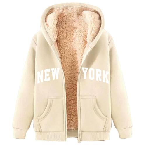 Fleecejacke Damen mit Kapuze Outdoor Warme Winterjacke mit Teddyfutter Elegant Los Angeles Zipper Hoodie Große Größen Lockere Übergangsjacke Lässige Bequeme Plüschjacke Wintermantel von Generic