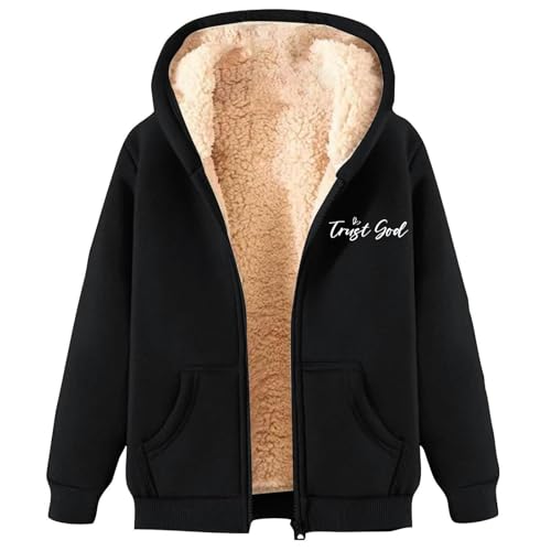 Fleecejacke Damen mit Kapuze Outdoor Warme Winterjacke mit Teddyfutter Elegant Los Angeles Zipper Hoodie Große Größen Lockere Übergangsjacke Lässige Bequeme Plüschjacke Wintermantel von Generic