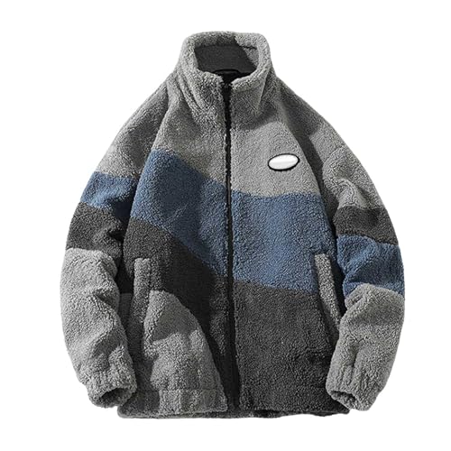 Fleecejacke Herren Warm Winter Sherpa Jacke Patchwork Teddyfleece Jacke Oberbekleidung Teddy Fleece mit Stehkragen Winterjacke mit durchgehendem Reißverschluss Plüschjacke von Generic