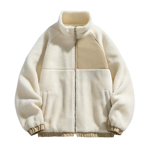 Fleecejacke Herren Warm Winter Sherpa Jacke Patchwork Teddyfleece Jacke Oberbekleidung Teddy Fleece mit Stehkragen Winterjacke mit durchgehendem Reißverschluss Plüschjacke von Generic