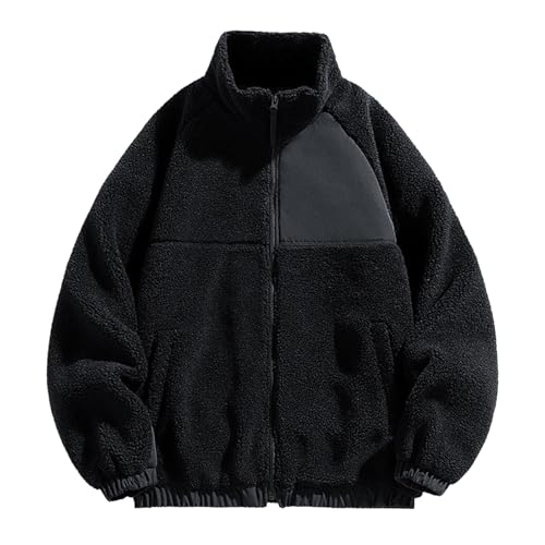 Fleecejacke Herren Warm Winter Sherpa Jacke Patchwork Teddyfleece Jacke Oberbekleidung Teddy Fleece mit Stehkragen Winterjacke mit durchgehendem Reißverschluss Plüschjacke von Generic