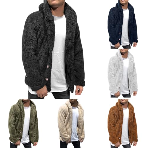 Fleecejacke Herren Winter Teddyjacke Dicke Mit Knopfleiste Teddyfleece Jacke Warme mit Kapuze Plüschjacke Freizeit Einfarbige Übergangsjacke Winterjacke Bekleidung Schwarz 3XL von Generic