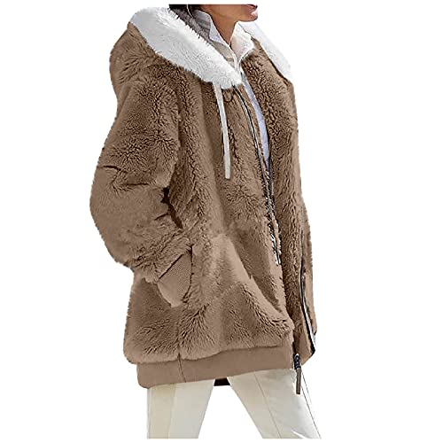 Fleecejacke Hoodie Damen, Dicke Gefüttertfleece Jackejacke Flauschig Plüschjacke Herbstjacke mit Kapuze und Taschen Reißverschluss Kuscheljacke Winterjacke Kuschel Jacke (Beige,M) von Generic