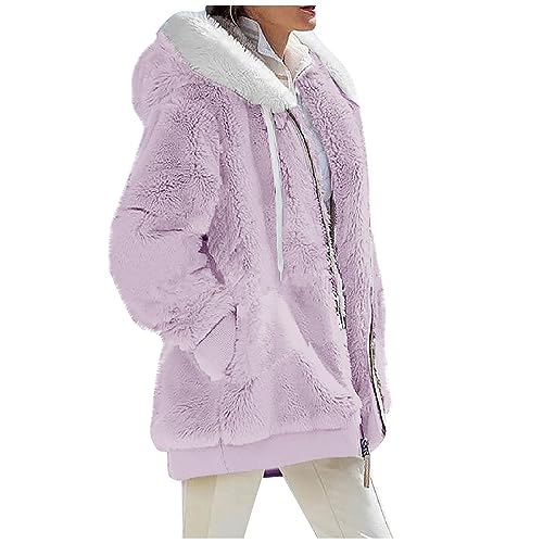 Fleecejacke Hoodie Damen, Dicke Gefüttertfleece Jackejacke Flauschig Plüschjacke Herbstjacke mit Kapuze und Taschen Reißverschluss Kuscheljacke Winterjacke Kuschel Jacke (Violett,3XL) von Generic