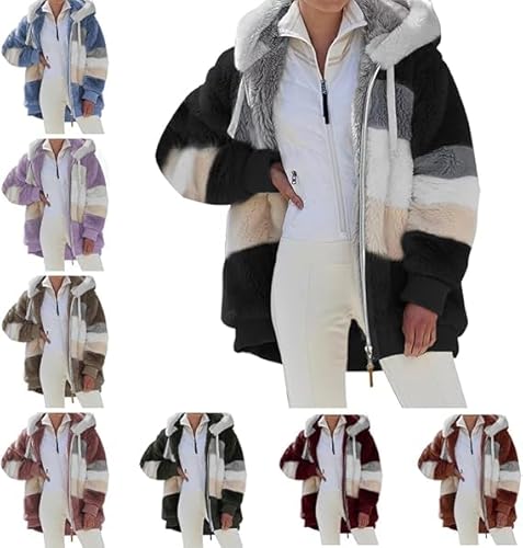 Fleecejacke Hoodie Damen Winter Kapuzenpullover Sherpa Teddy Fleece Jacke Warm Weich Bequem Herbst Wintermantel Mehrfarbig ReißVerschluss Fellmantel (001 Schwarz, L) von Generic