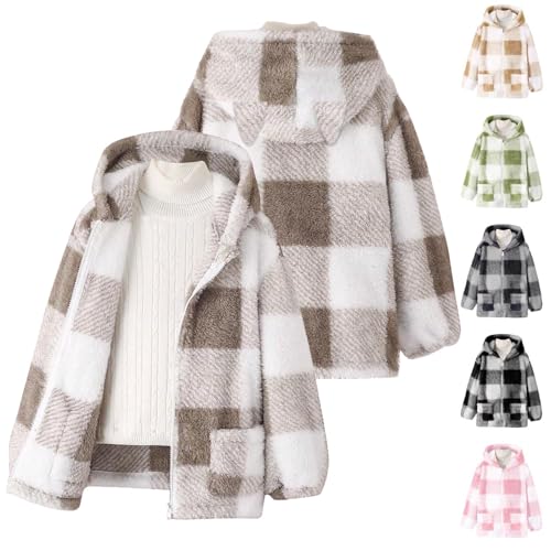 Fleecejacke Mädchen Winterjacke Plüsch Warm übergangsjacke Reißverschluss Kariert Langarm Dicke Kapuzenjacke Teenager Mädchen Herbst Winter Gefütterte Teddyfleece Jacke mit Tasche 8-13 Jahre von Generic