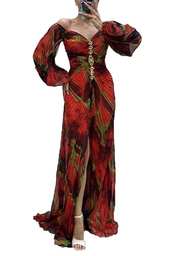 Fließend Langarm One Shoulder Floral Tulle Kleid 2024 Sweetheart 3D Blumen Abend Partykleider mit Schlitz von Generic