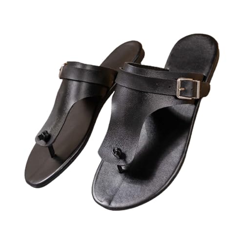 Flip Flop Damen Breite Füße Zehentrenner Damen Leder Schwarz Hausschuhe Bequem Slides Elegant Sandaletten Flach Sandalen Ledersohle Sandalen Mit Schnallen Strandsandalen/Damenschuhe von Generic