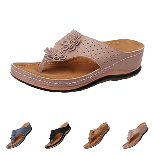 Flip Flops Damen Elegant Mit Keilabsatz Zehentrenner Mit Blumen Bohemian Strandsandalen Aushöhlen Zehensandalen Plateau Pantoletten Open Toe Badesandalen Orthopädische Hausschuhe von Generic