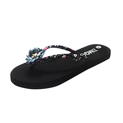 Flip Flops Damen Weich Stoff Badelatschen Sommer Frauen Sommer Blumen Böhmischen Stil Hausschuhe Strand Sandalen Schuhe Flache Schuhe Slippers mit Flat Heel Flip Flop von Generic