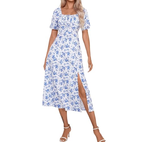 Floral Dress, Sommerkleid Damen Lang Blumen Kleid mit Schlitz Kurzarm Hohe Taille Geblümt Kleider Elegant Quadratischer Ausschnitt Strandkleid Luftig A Linie Dress XL B Blue von Generic