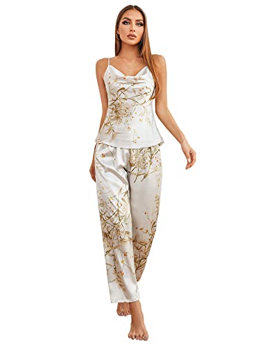 Floral Pyjama Set für Frauen Cami Pants Nachthemd Satin Loungwear Blume Print Nachtwäsche Freizeit von Generic