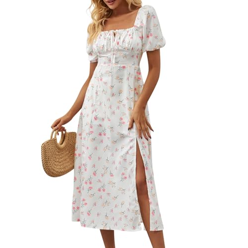 Flower Dress Kurzarm, Sommerkleid Damen Lang Blumen Kleid mit Schlitz Kurzarm Hohe Taille Geblümt Kleider Elegant Quadratischer Ausschnitt Strandkleid Luftig A Linie Dress XL B Pink von Generic
