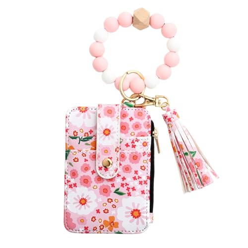 Flower Wallet Purse - Keychain Wristlet Wallet with Folded Edge | Lovely Faux Leather Small Credit Card Holder | Silicone Bracelet Wallets for ID and Keys | Floral Aesthetic Card Holder for Women von Generic