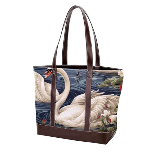 Flowers and Swans-1541 Modische Damen-Umhängetasche, aus gewaschenem, strapazierfähigem Leder, mit Tragegriff oben, mit Taschen, Reißverschluss, Mehrfarbig 09, 33.8x12x31cm/13.3x4.7x12.2 in von Generic