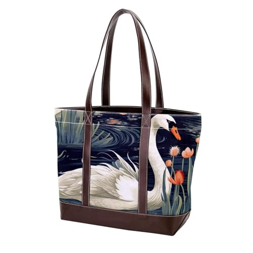 Flowers and Swans-1541 Modische Damen-Umhängetasche, aus gewaschenem, strapazierfähigem Leder, mit Tragegriff oben, mit Taschen, Reißverschluss, Mehrfarbig 10, 33.8x12x31cm/13.3x4.7x12.2 in von Generic