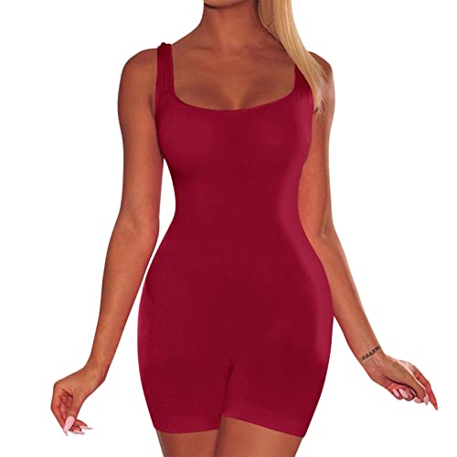 Formende Bodys Damen Shapewear Bauchweg Body Shaper Figurformender Bodysuit Ganzkörper Frauen Sommer Rücken ärmellose Sport Kurze Hose Träger Jumpsuit Strampler (Rot,M) von Generic