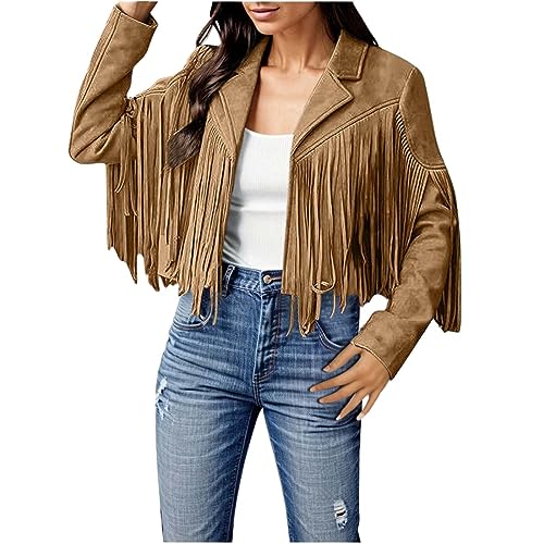 Fransenmantel Damen Mantel im Cowboy Stil Jacke aus Wildlederimitat Langarm Cardigan Mantel mit Quasten Motorradjacke Übergangsmantel Übergangsjacke Winterjacken Trench Coat Wintermantel Wärme von Generic