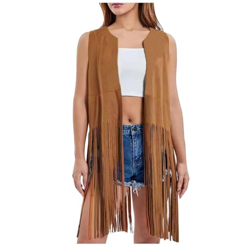 Fransenweste Damen Hippie Lang Cowboy Western Outfit 70er Jahre Disco Wildlederjacke mit Fransen von Generic