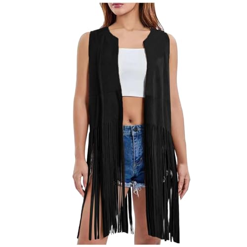 Fransenweste Damen Hippie Lang Cowboy Western Outfit 70er Jahre Disco Wildlederjacke mit Fransen von Generic