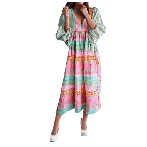 Frauen 2024 Elegante Casual Mode Frühjahr Sommer Kleid Vintage V-Ausschnitt Hohe Taille Puff Sleeve Print Lange Maxi Strand Kleider Kleider Teenager (Pink, S) von Generic
