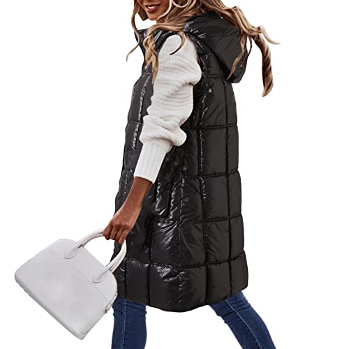 Frauen Ärmellos Lange Weste Mit Kapuze Button Down Puff Weste Baumwolle Gepolsterte Jacke Winter Oberbekleidung Threads Down Gilets Steppmantel Gepolstert Verdickte Weste Mantel Winter Warm, Schwarz , von Generic