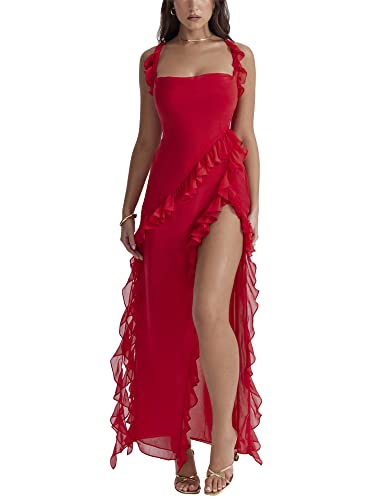 Frauen Ästhetik Langes Kleid Spaghettiträger High Split Langes Kleid Mesh Quasten Langes Abendkleid Cocktail Partykleider (A-Red, S) von Generic