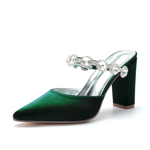 Frauen Block Heel Hochzeit Party Schuhe Strass - Riemen Satin Pantoletten Spitze Zeh Ballkleid Pumps,Forest Green,38 EU Frauen Block Heel Hochzeit Party Schuhe Strass - Riemen Satin Pantoletten Spitze Zeh Ballkleid Pumps,Forest Green,38 EU von Generic