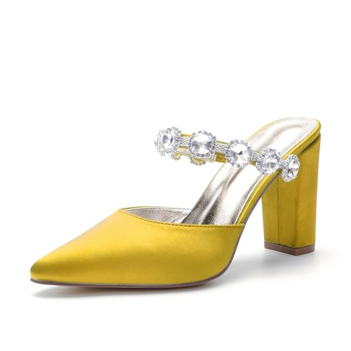 Frauen Block Heel Hochzeit Party Schuhe Strass - Riemen Satin Pantoletten Spitze Zeh Ballkleid Pumps,Gelb,39 EU Frauen Block Heel Hochzeit Party Schuhe Strass - Riemen Satin Pantoletten Spitze Zeh Ballkleid Pumps,Gelb,39 EU von Generic