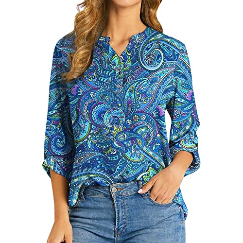 Frauen Blumen T-Shirts Boho Tops Casual Button Ausschnitt Hemden Blusen Langarm T-Shirts Bluse Damen Tailliert (Blue, L) von Generic