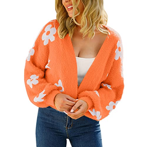 Frauen Blumen Winter Casual Langarm Damen Outwear Mantel Print Mäntel Tops Strickjacke Aus Reiner Wolle (10AE-Orange, S) von Generic