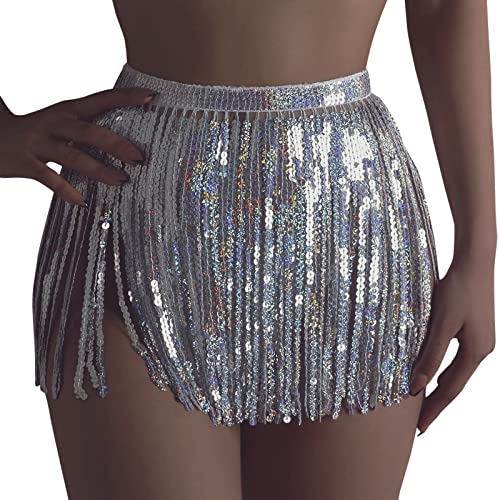 Frauen Boho Rave Rock Fransenrock Glitzer Pailletten Quaste Minirock Bauchtanz Hüfttuch Rave Party Festival Outfit Kostüm Damen Pailletten Quasten Rock Rave Bauchtanz Kostüm von Generic