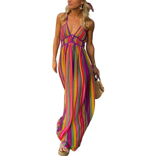 Frauen Chiffon Sleeveless Boho Beach Backless Regenbogen Kleid Maxi Kleider Resort Sommerkleid,Rainbow,M von Generic