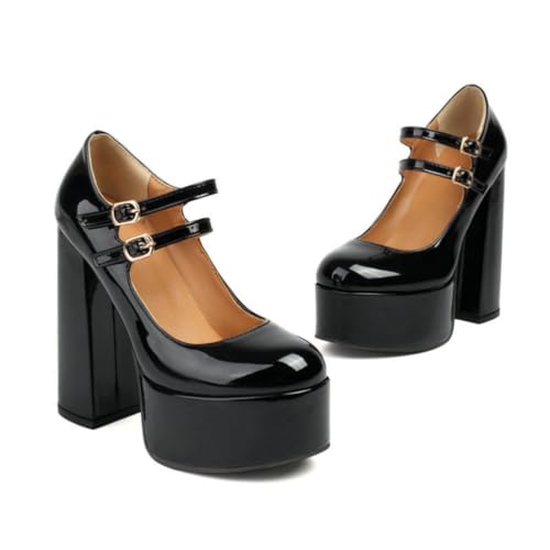 Frauen Chunky Plateau Absatz - Punk Goth Pumps Lack Knöchelriemen Party Kleid Schuhe,Schwarz,36 EU von Generic