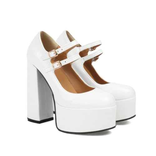 Frauen Chunky Plateau Absatz - Punk Goth Pumps Lack Knöchelriemen Party Kleid Schuhe,Weiß,38 EU von Generic