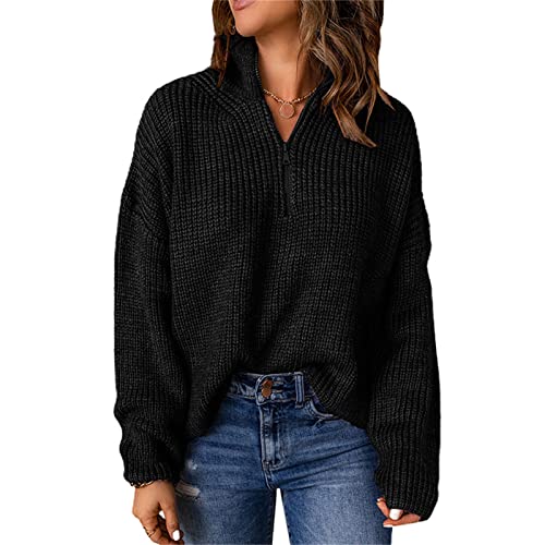 Frauen Dicker Pullover mit Reißverschluss Stand Kragen im Herbst und Winter Solid Color Retro Slim Pullover Pullover Bluse (Schwarz,M) von Generic