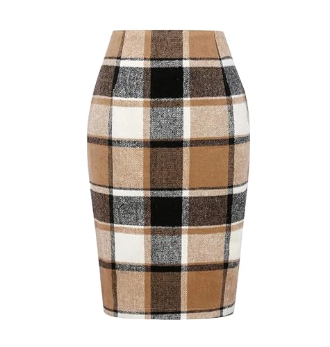 Frauen EN8 Plaid Wolle Wickelrock Vintage Hohe Taille Reißverschluss Büro Schlitz Midi Röcke, dunkles kaki, 44 von Generic