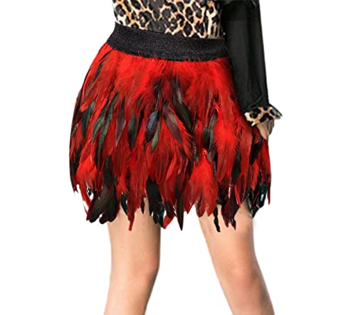 Frauen Feder Rock Fasching Kostüm Mittlere Taille Mini A-Line Rock Federrock Damen Körpergeschirr Kleid Mit Federn Wickelrock Gothic Rave Wear (Rot, XL) von Generic