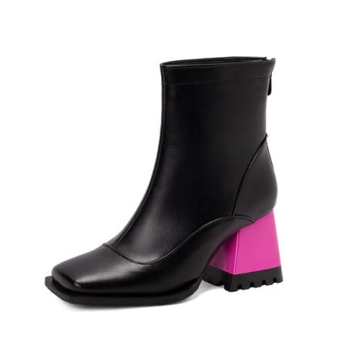Frauen Geschlossene Quadratische Zehe Kurze Stiefel Hoher Stämmiger Absatz Chelsea-Stiefel PU Leder Stiefeletten Mit Reißverschluss,Schwarz,36 EU von Generic