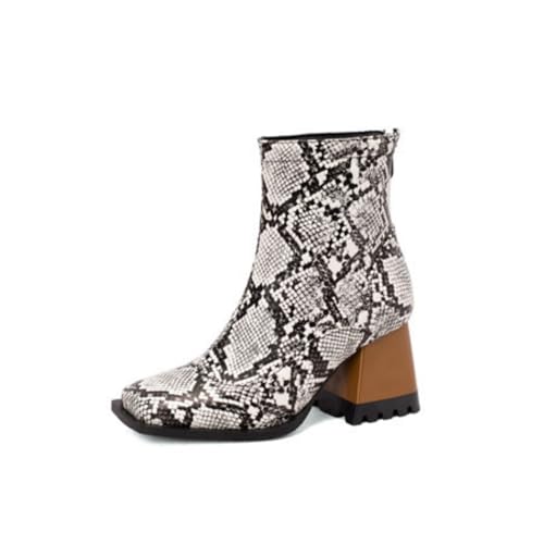 Frauen Geschlossene Quadratische Zehe Kurze Stiefel Hoher Stämmiger Absatz Chelsea-Stiefel PU Leder Stiefeletten Mit Reißverschluss,Snake Print,39 EU von Generic