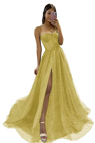 Frauen Glitzer Tüll 3D Applikationen Ballkleider 2023 Lange Spaghettiträger Formelles Abendkleid Eine Linie Hohe Schlitz Hochzeitsfeier Kleider Plus Size von Generic