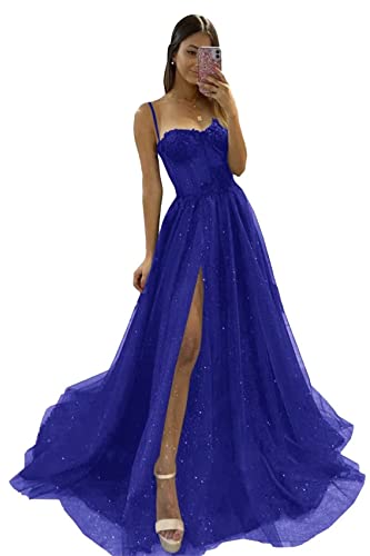 Frauen Glitzer Tüll 3D Applikationen Ballkleider 2023 Lange Spaghettiträger Formelles Abendkleid Eine Linie Hohe Schlitz Hochzeitsfeier Kleider Plus Size von Generic